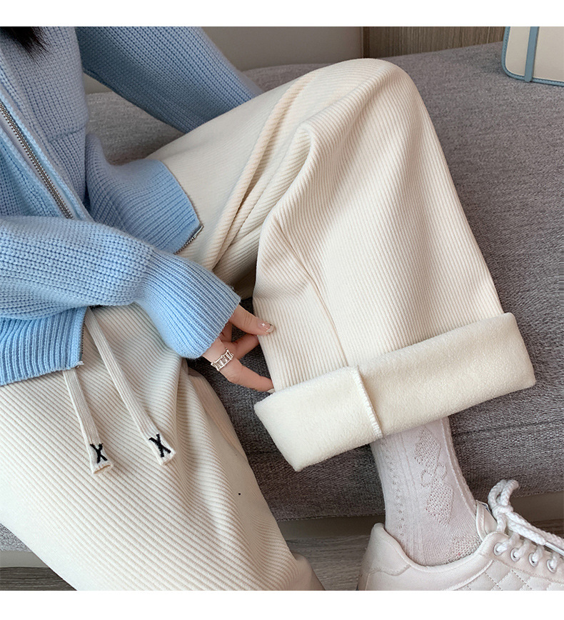 H506加绒阔腿裤女秋冬高腰垂感宽松显瘦灯芯绒直筒拖地白色休闲裤详情20