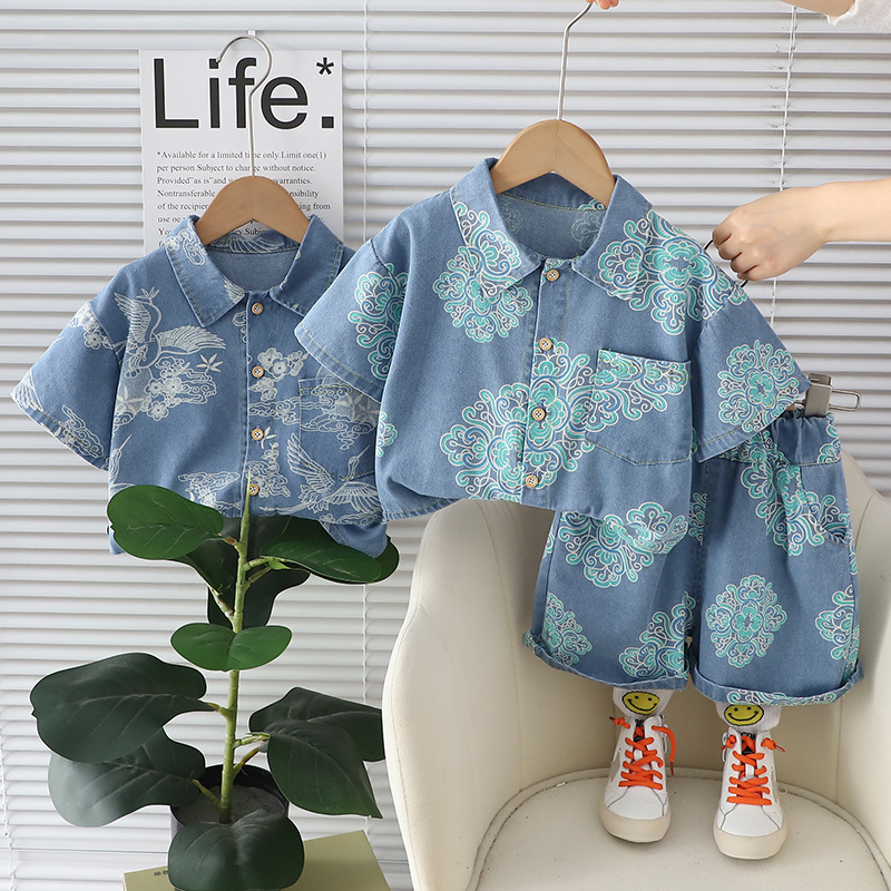 2024 summer new shirt boys denim short-sleeve suit children's clothing children's cargo casual pants shirt two-piece set