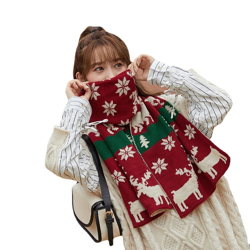 Christmas Deer Knitted Scarf Female Red Thick Warm Bib Student Long Gift Green Christmas Bib Item Picture
