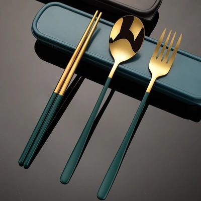 Stainless steel portable tableware, fork, spoon and chopsticks set, Korean-style three-piece set, outdoor gift, student tableware set thumbnail