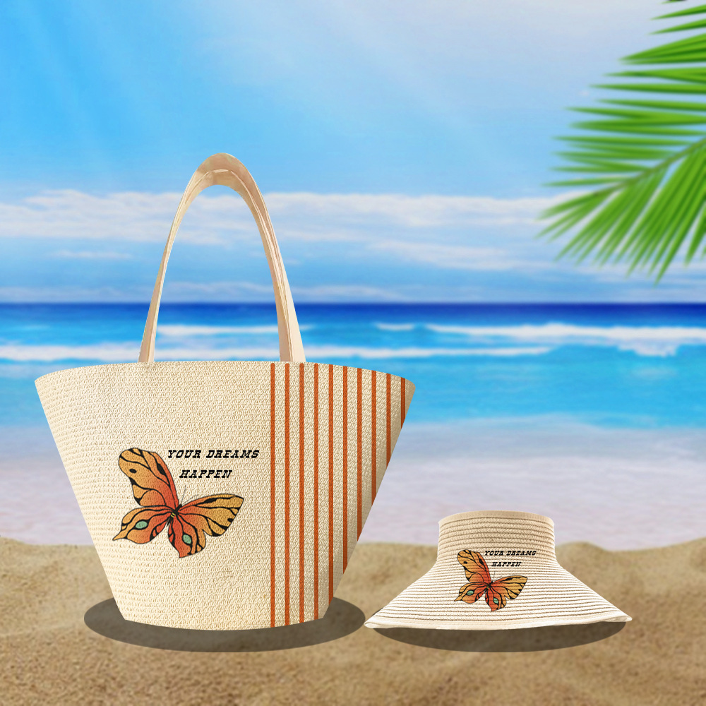 新款高清印刷图案编织单肩包套装 户外旅游草编大容量海边沙滩包