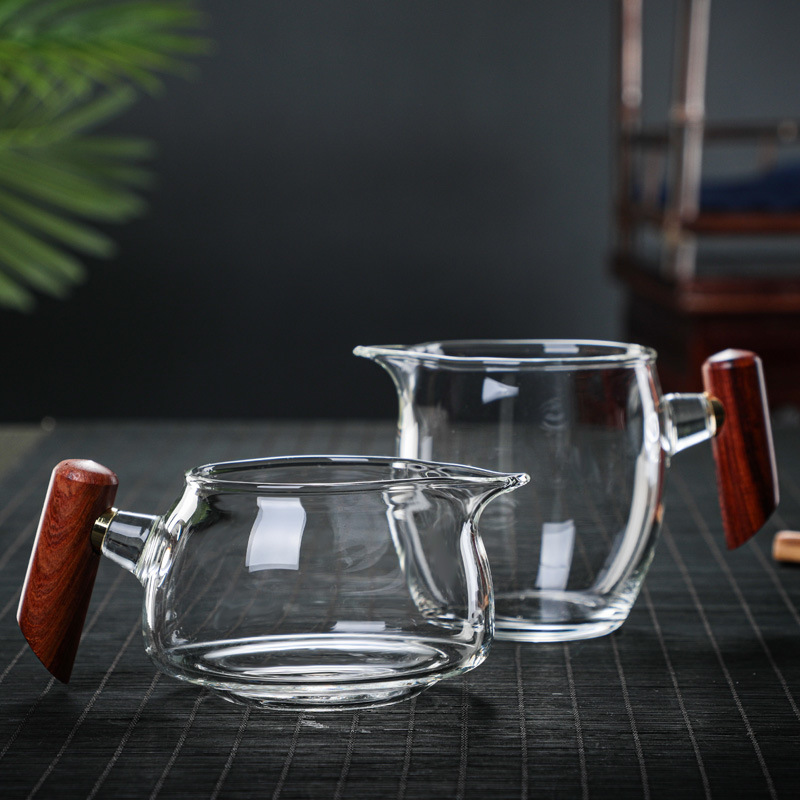 侧把玻璃公道杯耐热公杯创意功夫茶具木把茶海小容量公杯