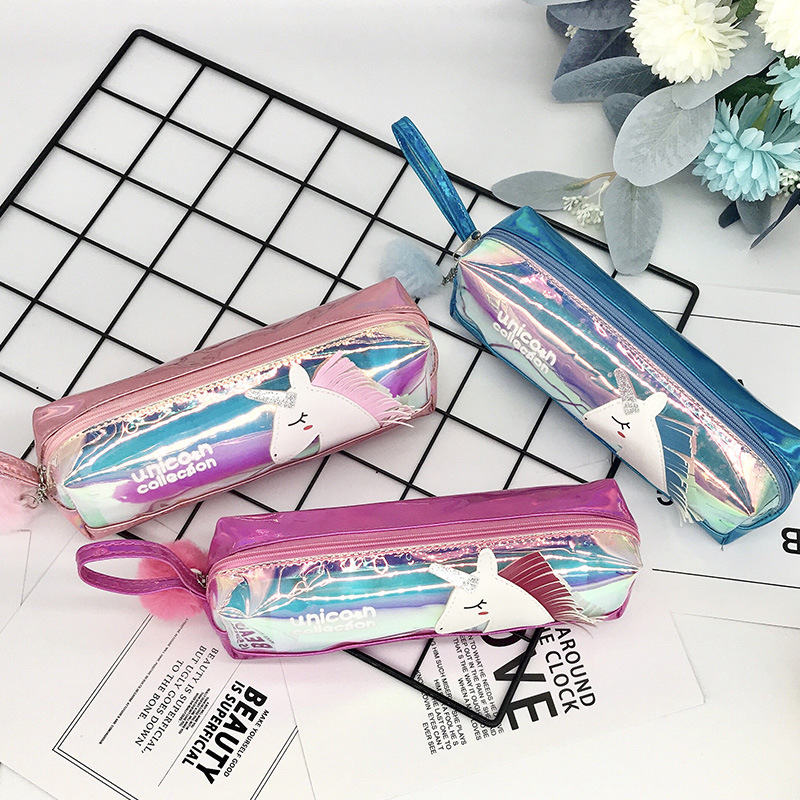 Cute and colorful fringed laser unicorn transparent pencil case with hairball, simple and creative student stationery box details Picture