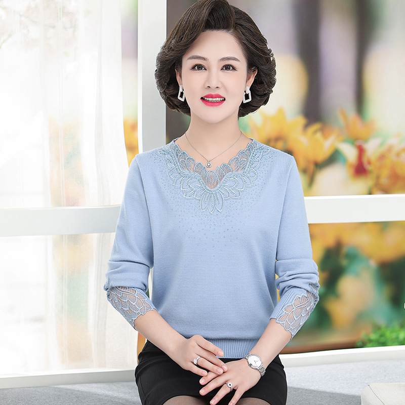 Mother Base Shirt Autumn Winter 2022 New Women's Lace Lace Crewneck Sweater Top Foreign Style Middle-Aged And Elderly Women Specification drawing