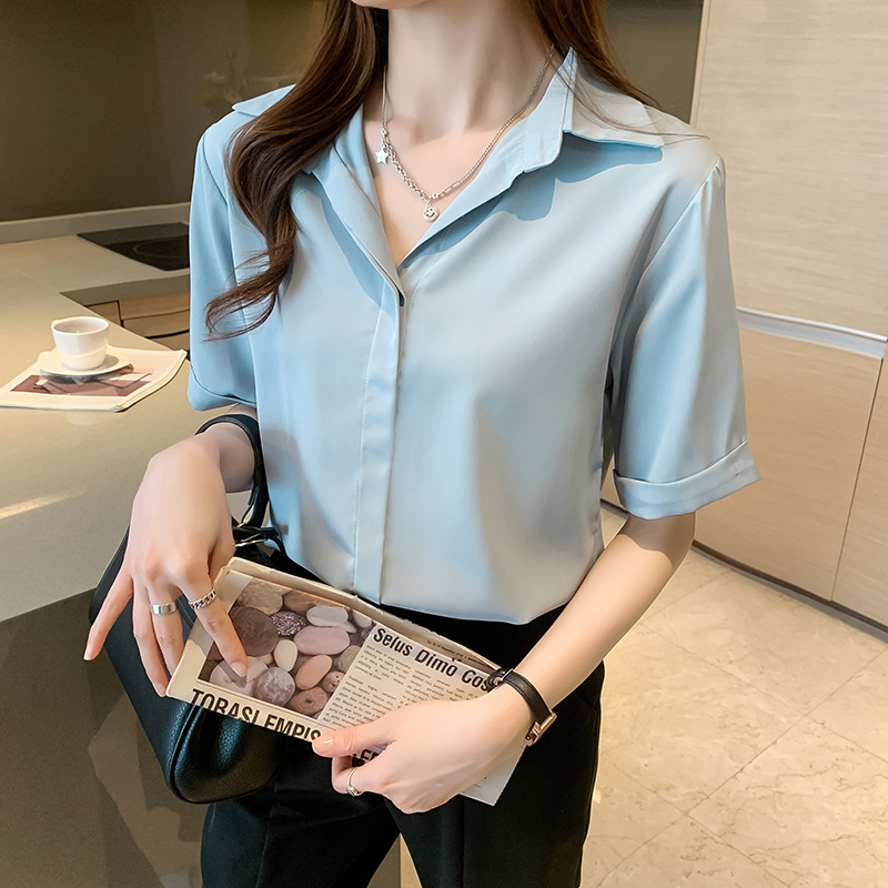 Short-sleeved chiffon shirt for women, 2022 Summer new style, fashionable professional white shirt, design sense, niche and elegant top Specification image
