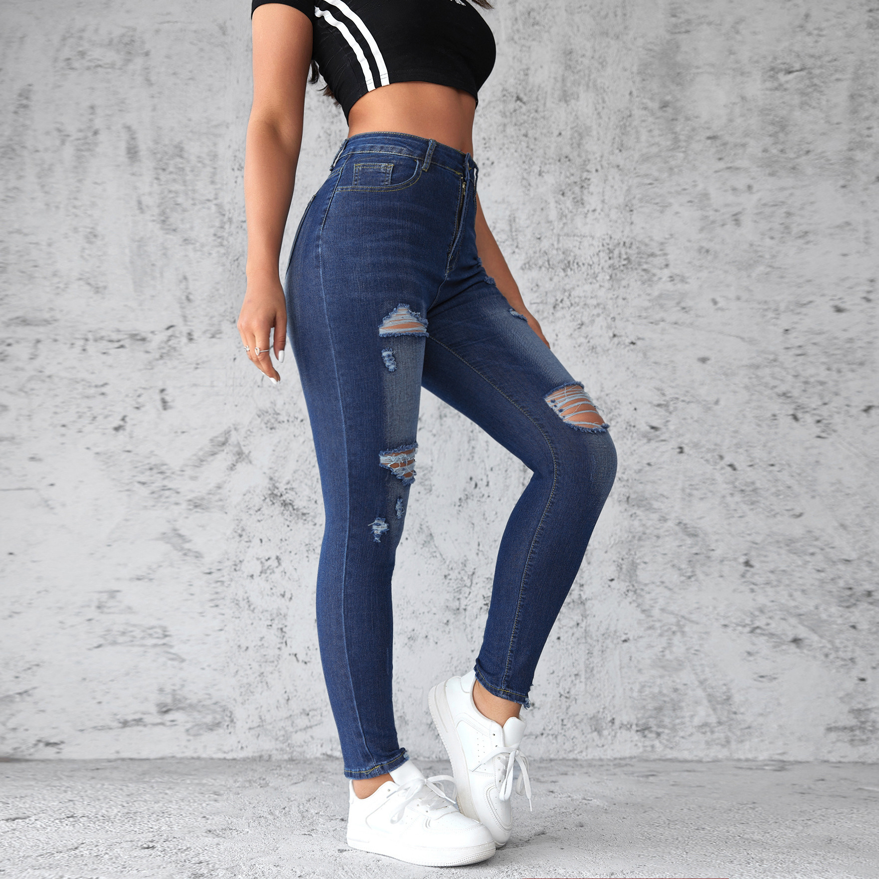 Factory direct sales 2025 European and American cross-border stretch ripped jeans, women's slimming and hip-lifting high-waisted washed long pants in stock details Picture