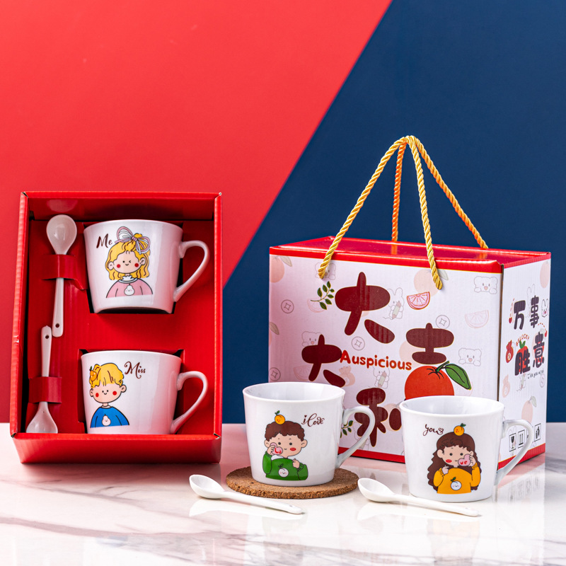 Creative Ceramic Cup Cartoon Double Cup Opening With Hand Gift Event Gift Box Mug Mug Printed Logo Specification drawing