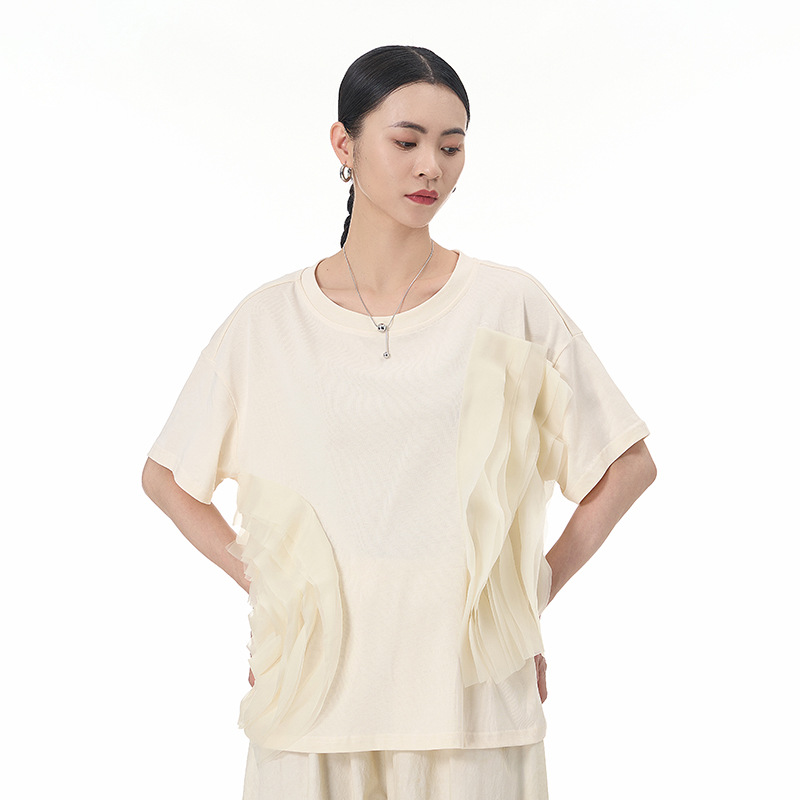 Plus-size women's clothing 2025 summer new loose mesh patchwork pure cotton short-sleeved T-shirt, stylish Korean style slimming top 68852 Specification image