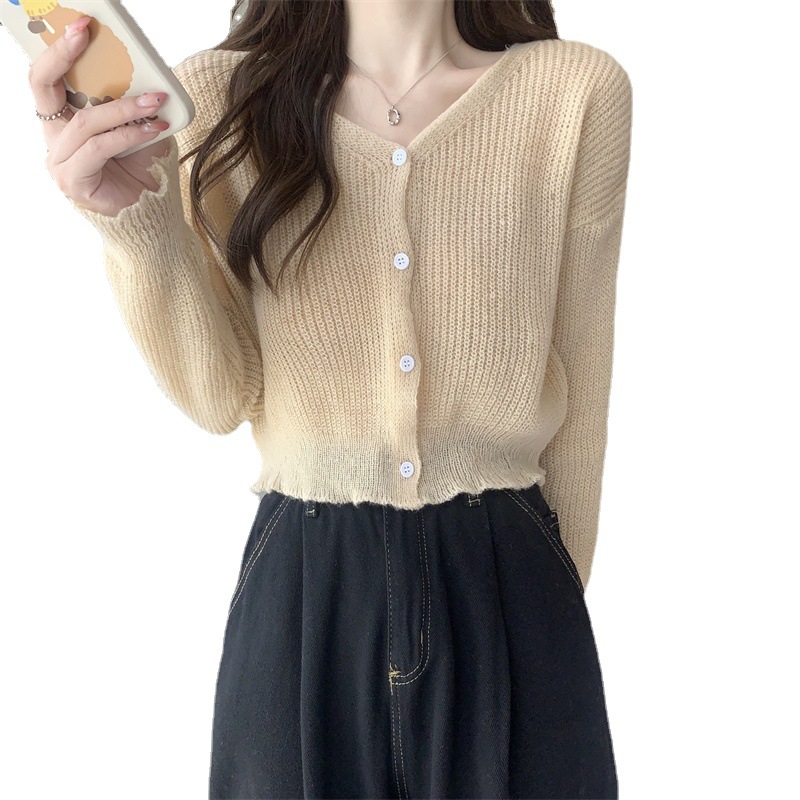 韩国新款早秋女装时尚针织开衫 纯色小众设计感上衣长袖毛衣外套详情图5