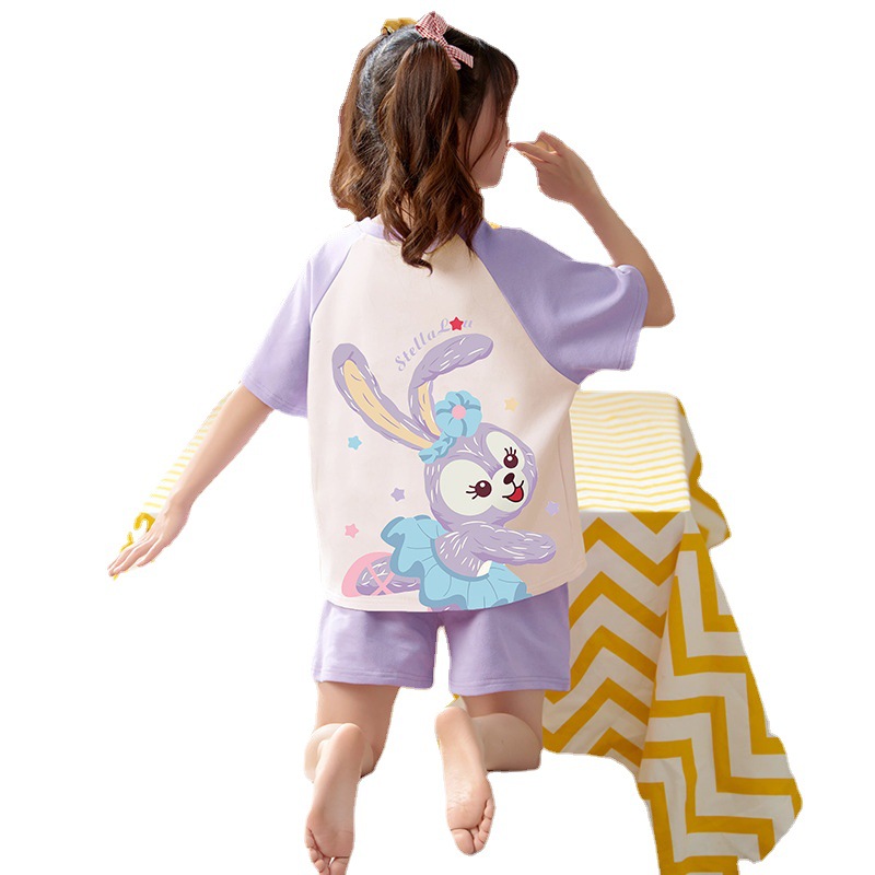 Children's pajamas, girls' summer short-sleeved pure cotton mother-daughter cartoon girl princess, Big and small children's baby home wear set Item Picture