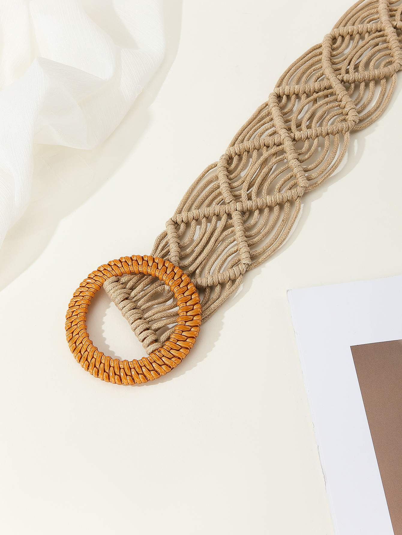Ladies Boho Retro Ethnic Style Braided Belt With Wood Buckle Wood Beaded Wax Rope Hand Woven Knotted Belt Women Specification drawing
