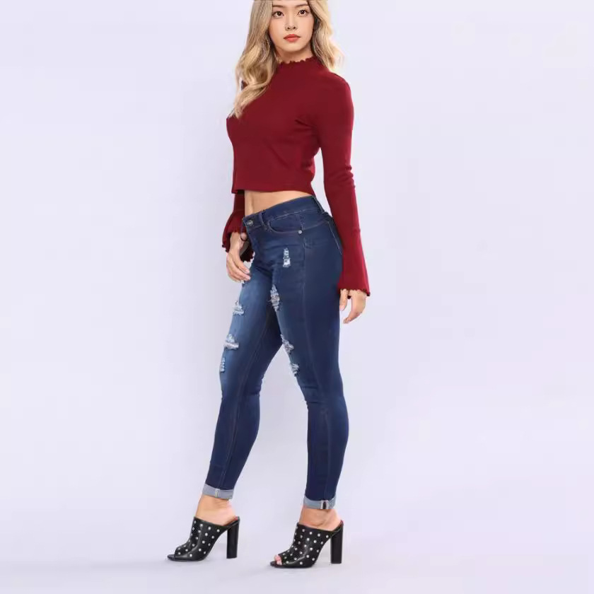 High-waisted, ripped stretch skinny jeans for women from Europe and America details Picture