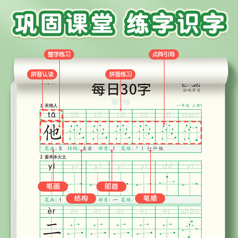 【 Stress-Relieving Synchronized Calligraphy Practice Book 】 Daily 30-character dot matrix tracing practice for primary school students from grades 1 to 6 in Chinese Application Scenario