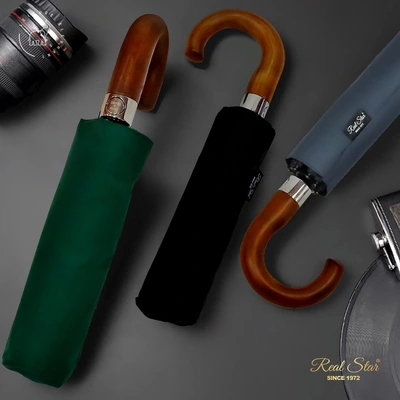 New business umbrella three fold 10 bone automatic black umbrella 280T thick umbrella cloth 23 inch umbrella wood curved handle printing thumbnail