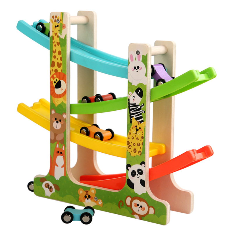 Wooden fun multi-layer track game, gliding car inertial slide with parking lot, beneficial intelligence parent-child toy Item Picture