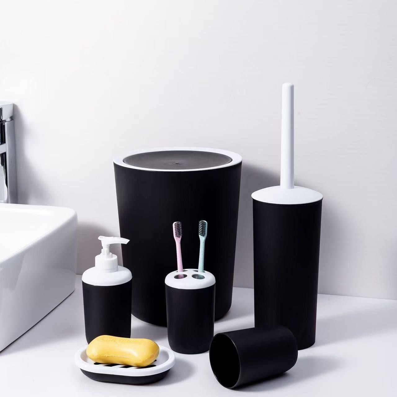 Hotel household plastic bathroom bamboo cover bathroom toiletry set, storage toiletry six-piece set Specification drawing