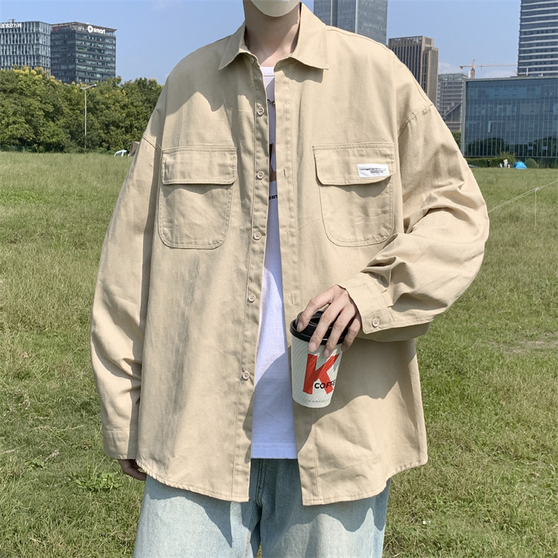 日系cityboy翻领衬衫男春秋季宽松百搭简约纯色外套帅气工装上衣