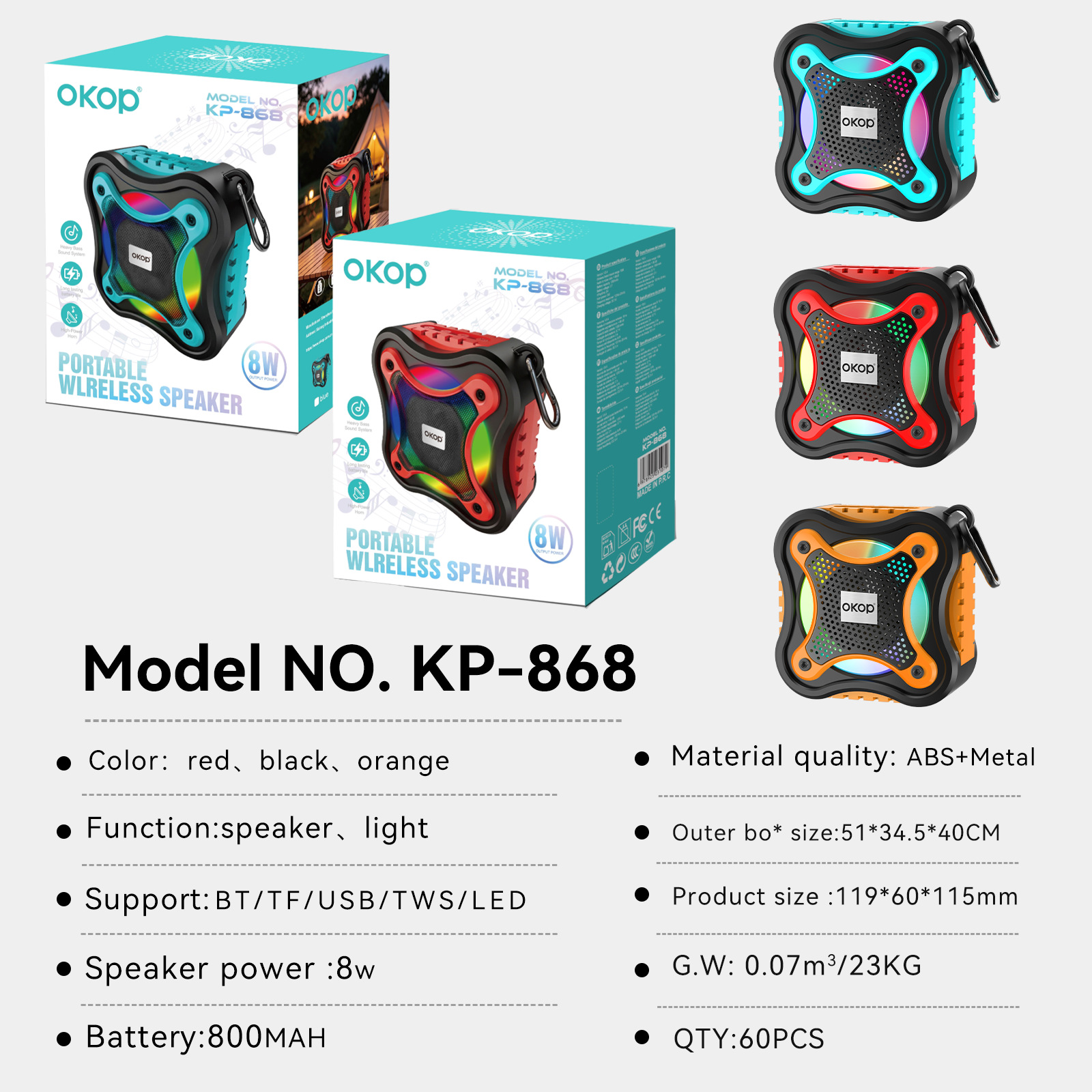 868 bluetooth speaker estilo megabyte transfronterizo nueva tarjeta TF portátil al aire libre RGB luces de atmósfera subwoofer de alto volumen details Picture