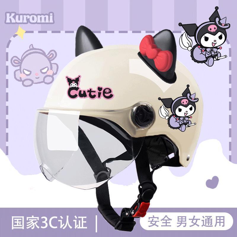 3C new National Standard helmet Ladies cute cartoon half helmet Kuromi bow cat ear helmet Kawaii Item Picture