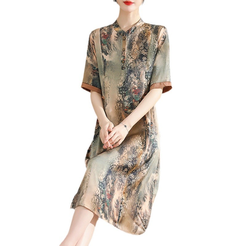 New Chinese-style summer dress for mothers, a stylish short-sleeved dress for middle-aged and elderly people, a retro long dress for a rich lady Item Picture