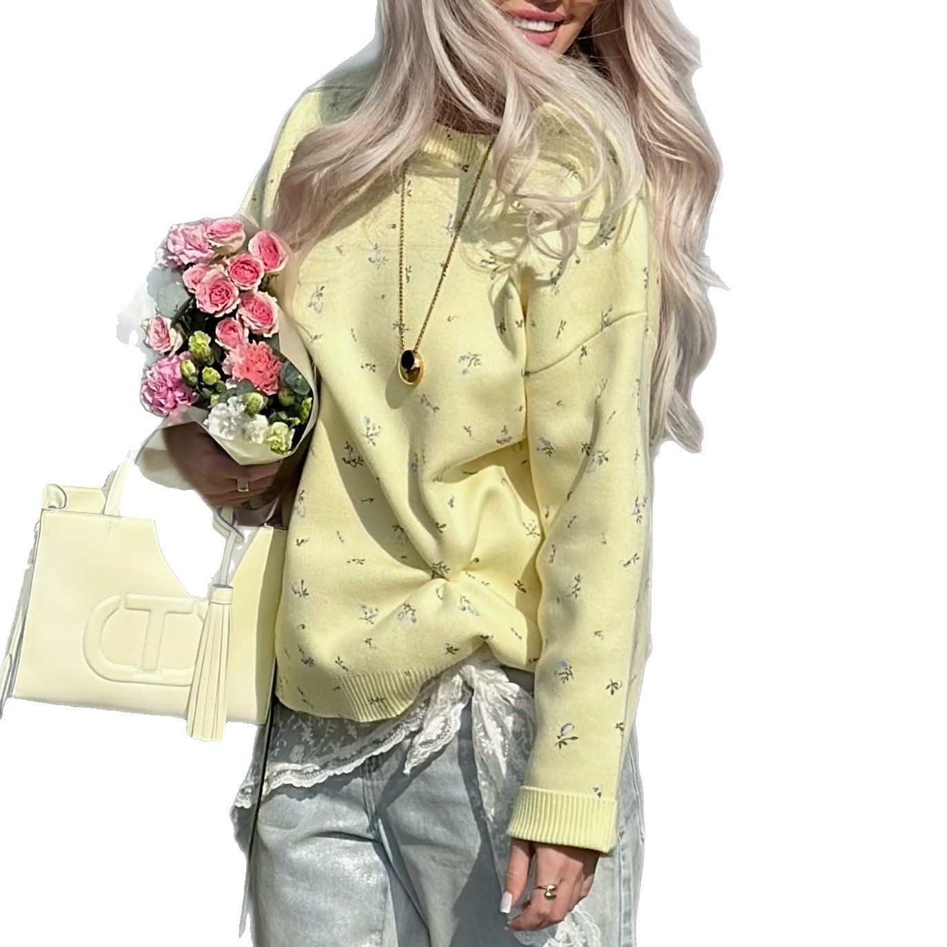 Early autumn gentle style floral round-neck sweater, loose hoodless, fresh and versatile top, niche new sweet women's clothing Item Picture