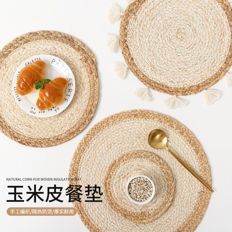 Cross-Border Handmade Straw Woven European Heat Insulation Mat Western Food Non-Slip Thickened Heat Insulation Coaster Bowl Mat Household Round Table Mat