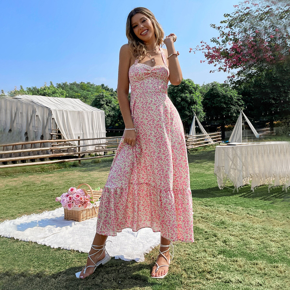European and American cross-border Amazon sexy style halter sleeveless dress, high-waisted backless pullover A-line floral long dress for women Application Scenario