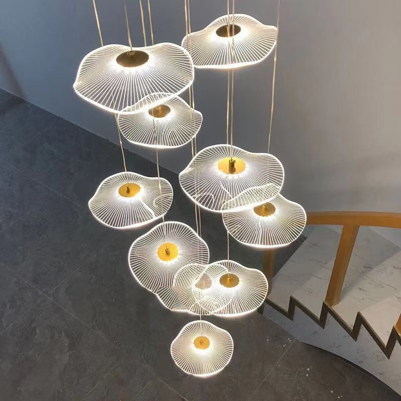 Modern and simple Nordic light luxury living room and dining room with stepless dimming LED lotus leaf chandelier, duplex staircase light and artistic light
