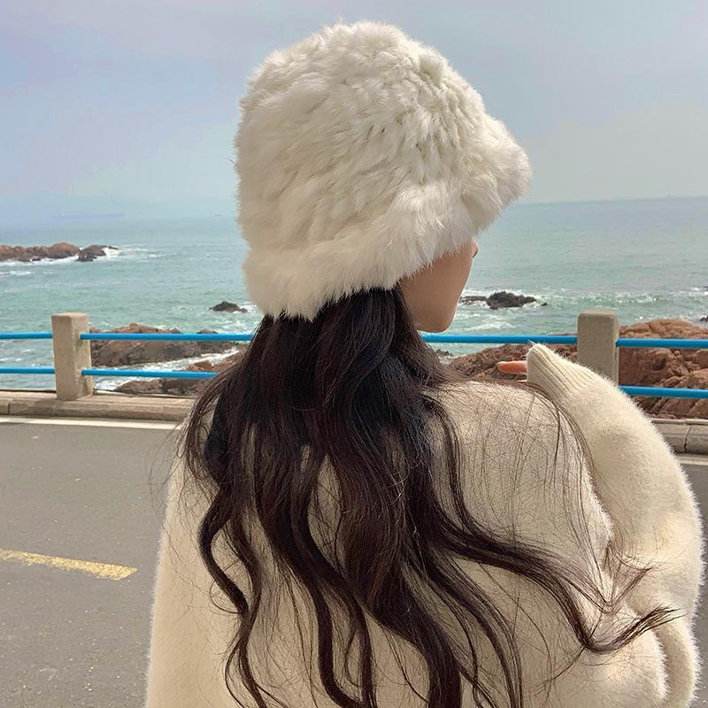 Rabbit fur hat for women in autumn and winter, white headwear, fluffy woolen hat, fisherman hat, elegant Korean-style basin hat Application Scenario