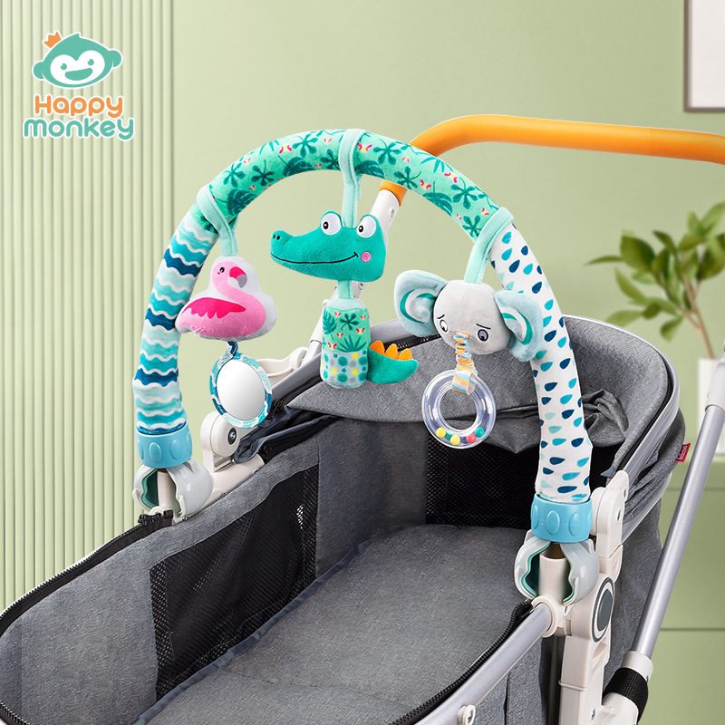 Happy monkey Baby Hanging Bed Bell Rattle, Newborn Bed Clamp, Car clamp Hanging Ornament, Baby Soothing toy Specification image