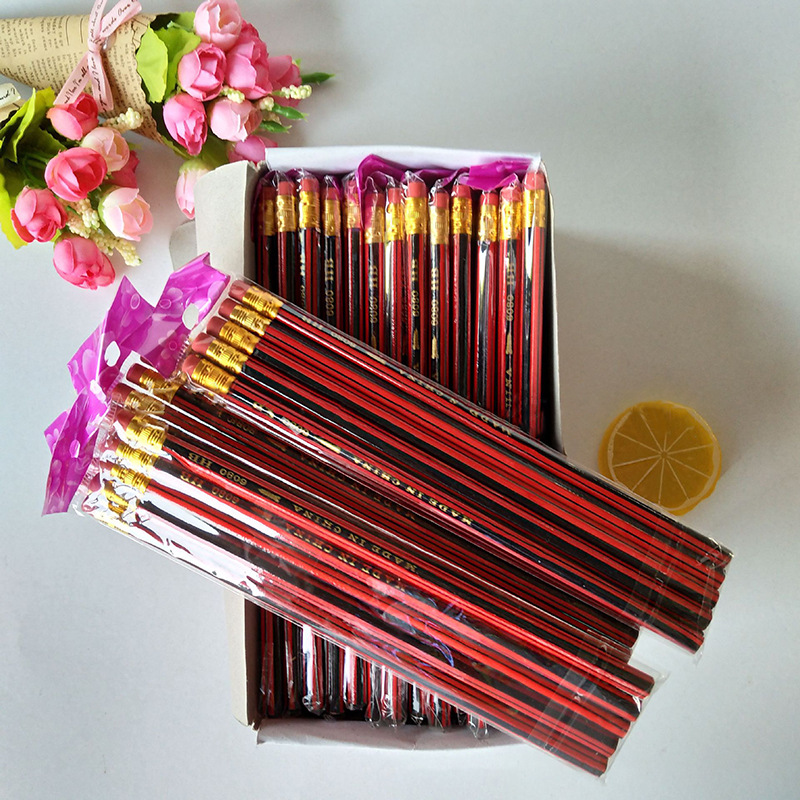 A set of 5 red pencils with erasers, red striped pencils, HB student pencils, wholesale at a one-yuan store Item Picture