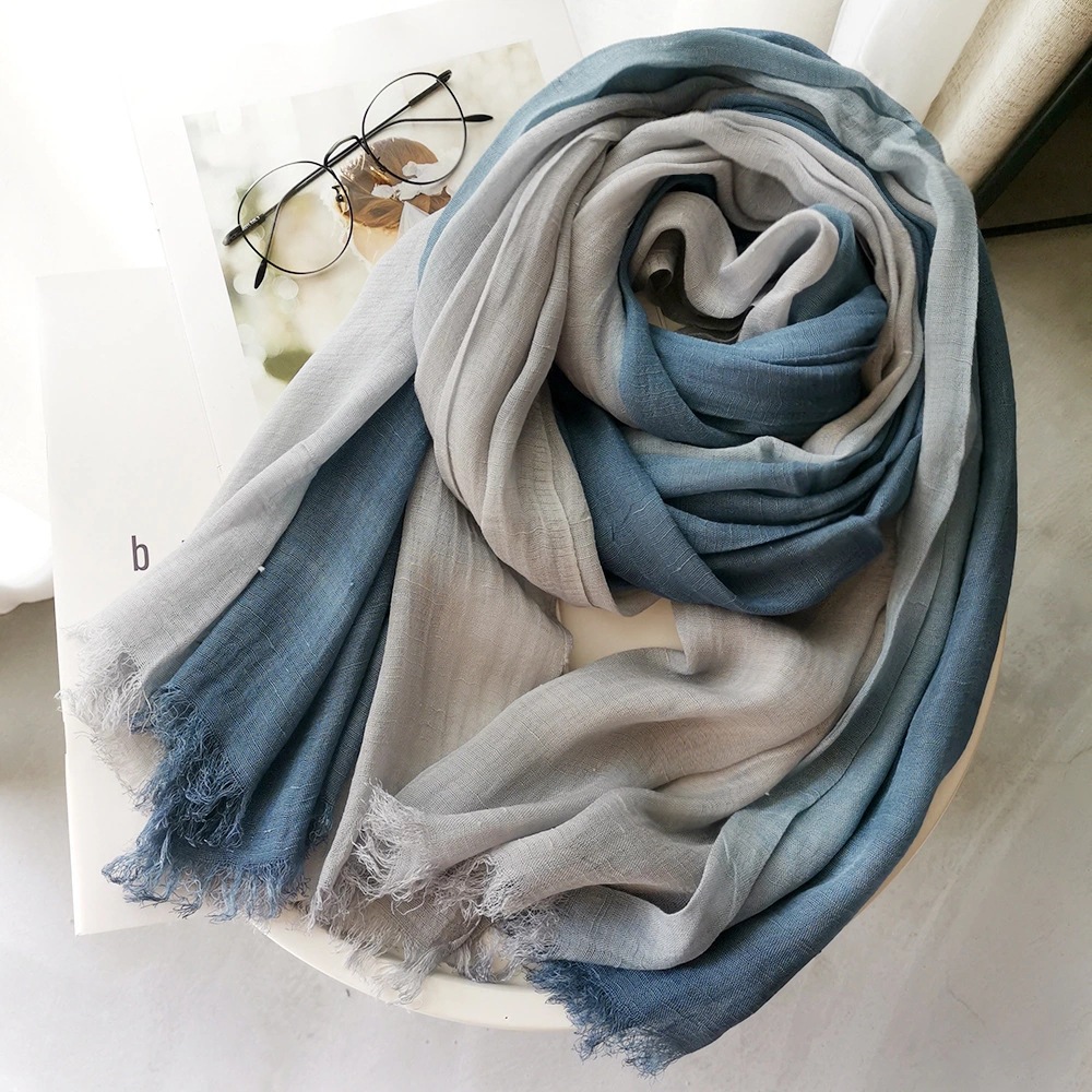 Wholesale of thin cotton and linen scarves for women in spring and autumn on cross-border Amazon, custom-made all-cotton scarves with hanging dyeing and sun-protective shawls details Picture