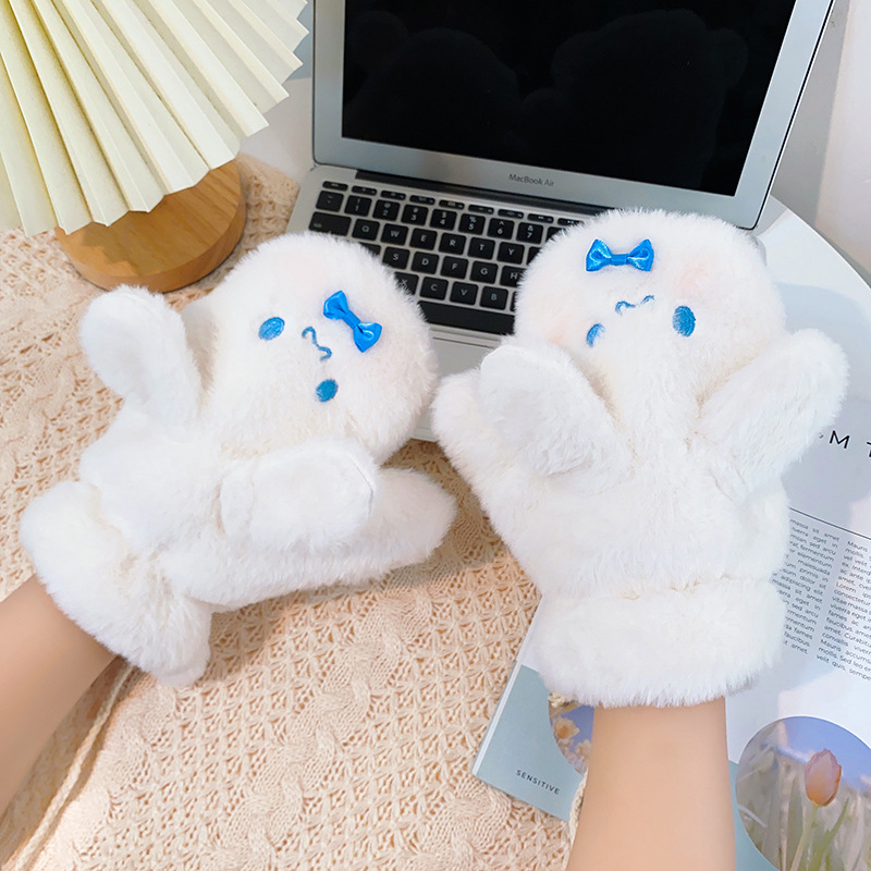 2022 Cute, warm, fleece, thickened, windproof all-finger Korean version student cycling fleece warm gloves
