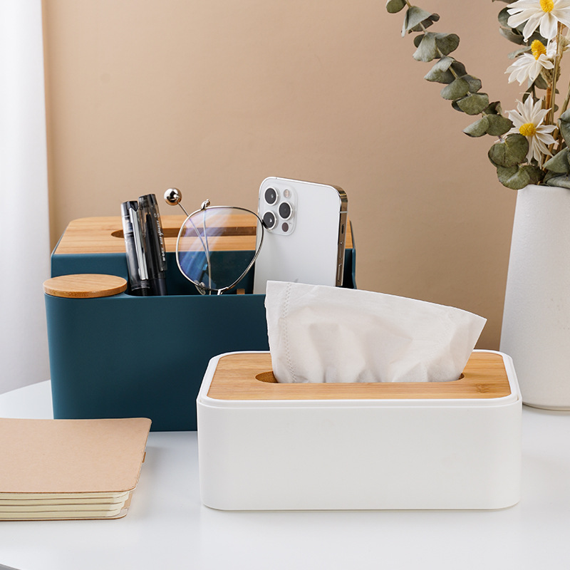 Multifunctional Wooden Desktop Tissue Box Household Living Room Plastic Remote Control Storage Box Simple Pumping Carton Logo Application Scenario