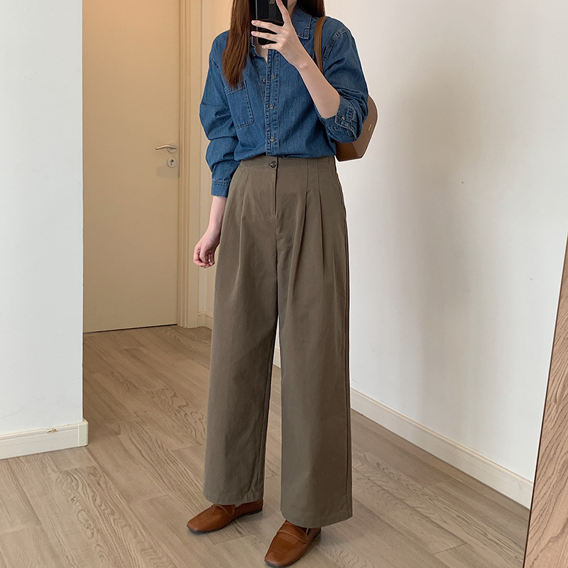 Simple and retro casual pants for women in autumn, new French one-waist semi-elastic straight-leg pants, high-waisted loose slimming long pants details Picture