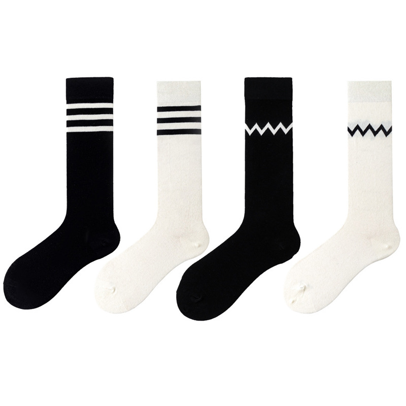 黑色袜子女中筒袜白色秋冬季黑白杠学院风长筒堆堆袜纯色黑白袜子图