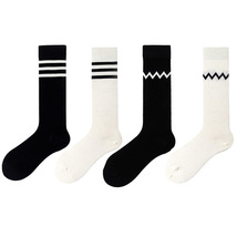 黑色袜子女中筒袜白色秋冬季黑白杠学院风长筒堆堆袜纯色黑白袜子