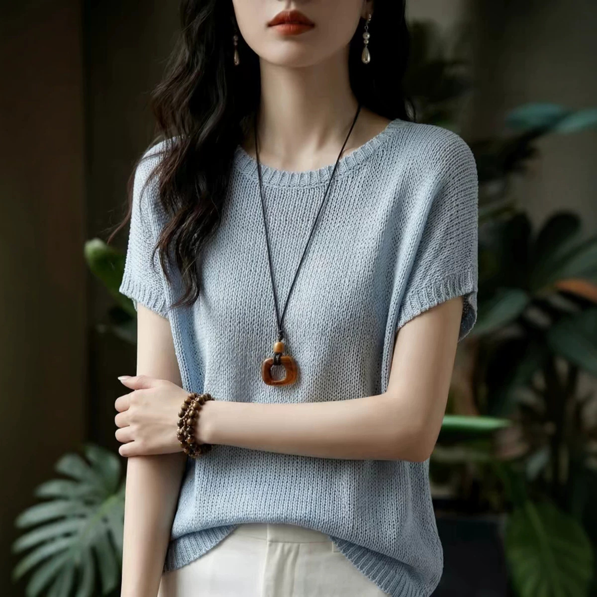 Cool and refreshing Tencel linen summer new knitted short-sleeved T-shirt for women, new round neck loose and breathable thin top for summer