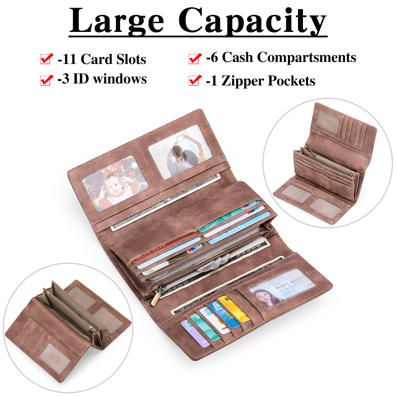 Women's Long Wallet Triple Fold Large Capacity Women's Clutch Bag Retro Oil Wax Leather Wallet Wholesale Wallet Women details Picture