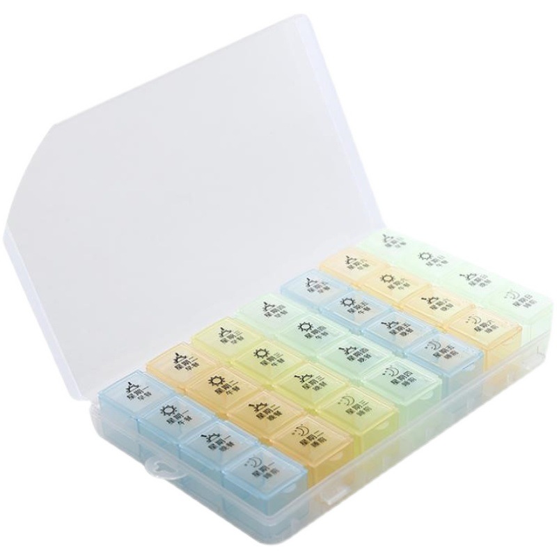 The medicine box is a large-capacity dispensing device for seven days a week, including morning, noon and evening. It is a portable storage box for the week to remind you of the pills Item Picture
