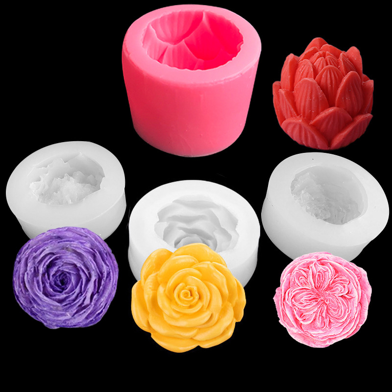 Rose, lotus, camellia scented candle, gypsum resin, clay chocolate mousse, flower handcrafted silicone mold details Picture