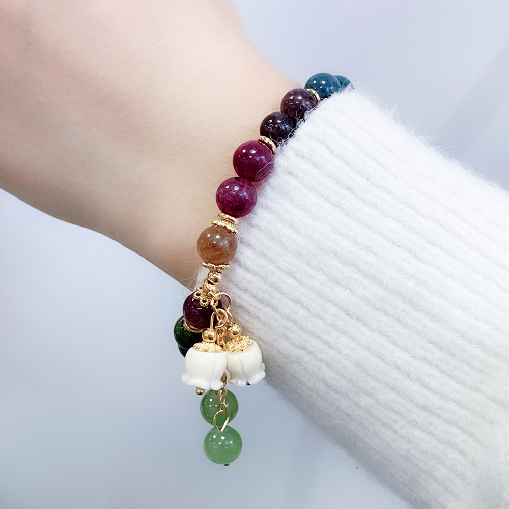 新中式彩色天然碧玺手链ins小众铃兰花吊坠水晶如意手串高级感