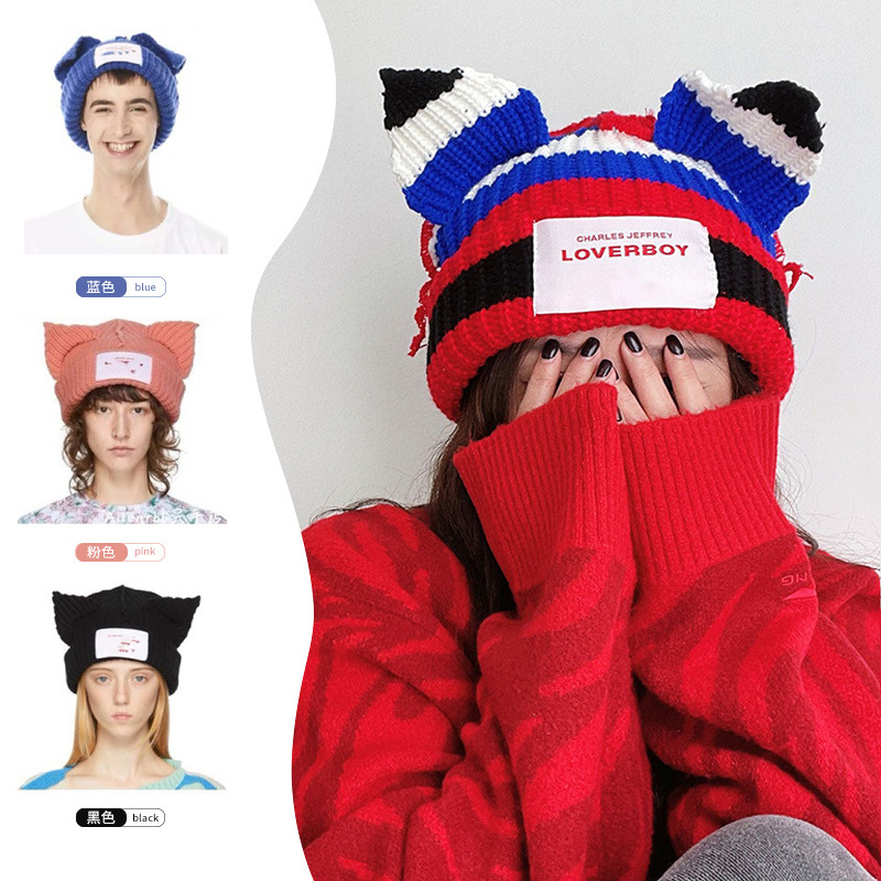 Autumn And Winter Color Contrast Cute Cat Ears Woolen Hat Children Thickened Warm Knit Hat Ear Heaps Heaps Hat