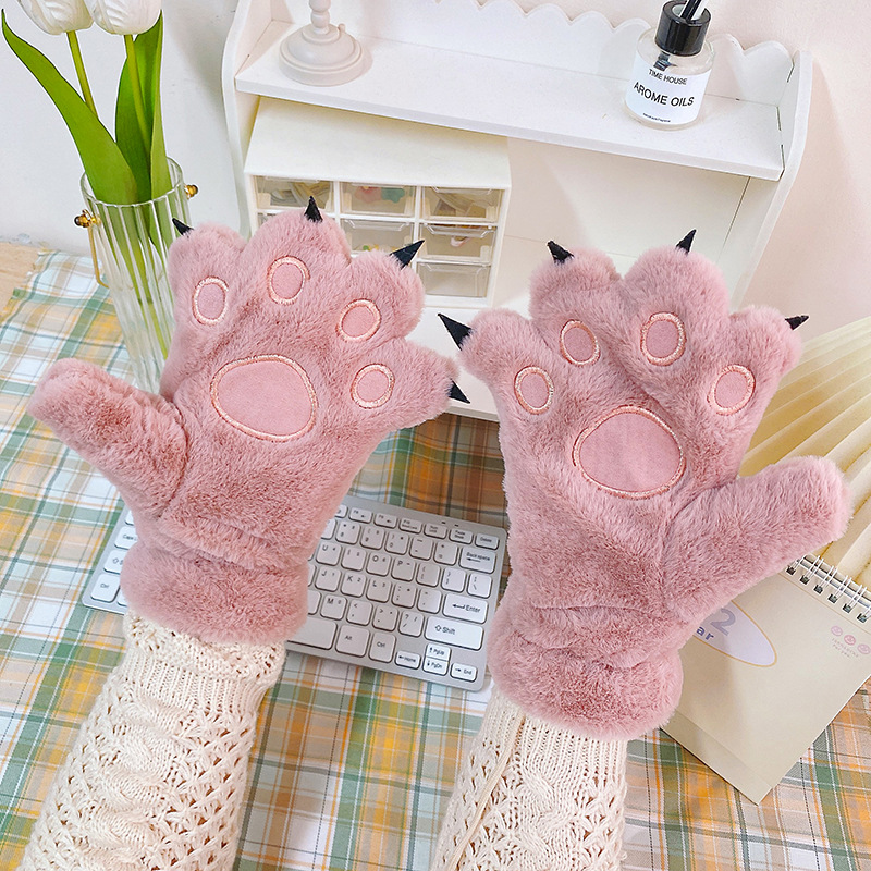 The winter version of the cute Korean student's plush and thickened cartoon cycling bear paw warm full-finger glove girl in winter Specification image