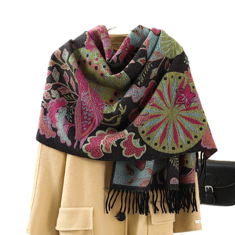 National Wind Shawl With Decorative Warm Imitation Cashmere Scarf Female Autumn And Winter New Fringe Jacquard Scarf Wholesale Item Picture