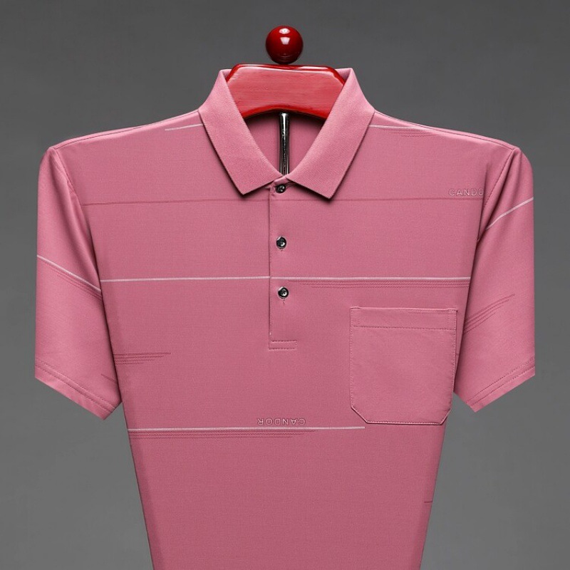 夏季新款棉质印花短袖T恤翻领真口袋中老年男士商务休闲T恤衫