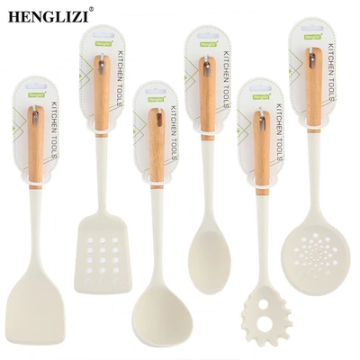 Cross-border household simple heat-resistant non-stick pan spatula Stir-fry spoon slotted spoon wood grain handle food grade silicone kitchenware set thumbnail
