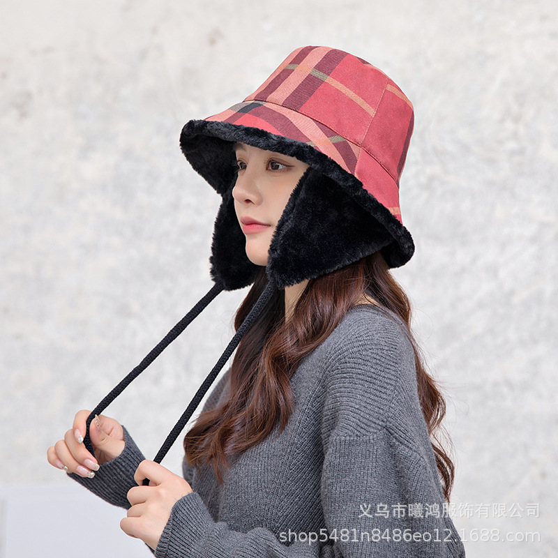Autumn And Winter New Check Fisherman Hat Women Cycling Windproof Ear Basin Hat Plus Cashmere Thickened Korean Version Of Fashion Cold Basin Hat Specification drawing