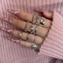 欧美跨境戒指套装女设计感新品镂空蝴蝶月亮爱心珠宝开口关节戒指