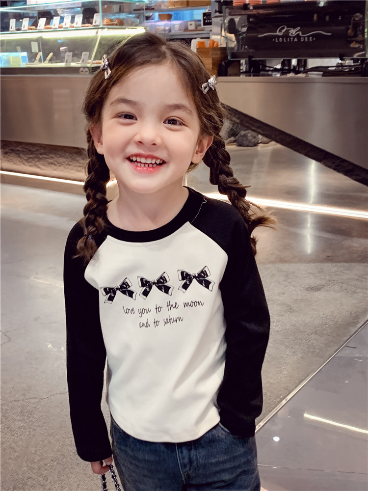 女童长袖T恤春装2025新款洋气儿童插肩袖撞色上衣女孩百搭打底衫详情5